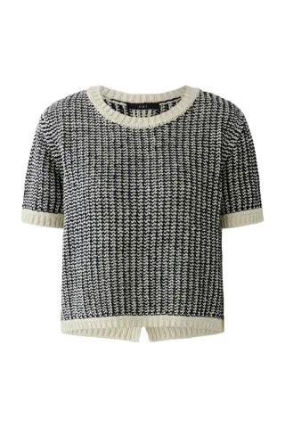 Oui - Kurzarm-Pullover mit Strukturmuster und Rundhalsausschnitt weiß - Gr. - 36