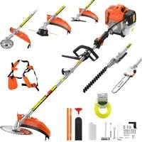 CONENTOOL Benzin-Motorsense 52ccm, 2,5kW Benzin Rasentrimmer, 25.5 cm Arbeitsbreite Messer, 43 cm Arbeitsbreite Faden, Multitool, Rasenmäher, Heckenschere, Motorsäge in einem