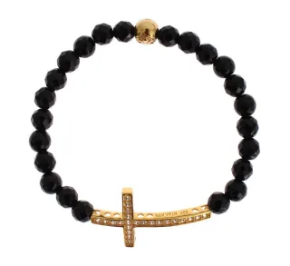 Nialaya Achatstein Gold CZ Kreuz 925 Silberarmband