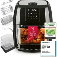 GOURMETmaxx Heißluftfritteuse 9 l Ofen - XXL-Zubehörset mit Drehspieß, 1800 W, fettarm frittieren knusprige Pommes, Hähnchen auftauen backen wärmen