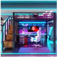 Merax Hochbett 140x200cm mit LED-Beleuchtung (Jugendbett Kinderbett Einzelbett Gamingbett, 1-St) Metallbett mit Stauraumtreppe, Hängegitter, Geländer & Stauraum