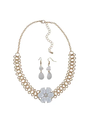 Steuer Modeschmuck Kette Ohrhänger Metall gelb glänzend Blume Glasstein weiß