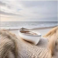 artissimo Glasbild Bild aus Glas 50x50 cm / Wandbild Quadratisch / Wanddeko modern, Strand und Meer: Boot in den Dünen in beige