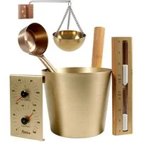 HOME DELUXE Sauna-Aufgussset Saunazubehör THERA (inkl. Eimer, Kelle, Sanduhr, Thermo- / Hygrometer, Aufgussschale, 5-tlg) Aufgusskübel, Sauna Eimer mit Kelle