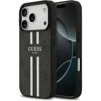 Guess Handyhülle Case iPhone 17 Pro MagSafe Kunstleder grau Logo Streifen 6,3 Zoll, Kantenschutz