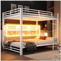 Merax Etagenbett 140x200cm mit LED-Beleuchtung (204 x 146 x 160 cm, 1-St., Jugendbett Stockbett Doppelbett), Metallbett Kinderbett mit 6 Stauraumschränken, Leiter, Zaun & Stauraum