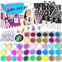 LuxusKollektion Kindertattoo Glitzer Tattoo Set Kinder 42 Farben Schablonen Strass Pinsel Kleber