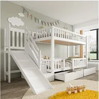 Flieks Etagenbett, Kinderbett Etagenbett mit 2 Schubladen, Rutsche und Treppe 90x200cm