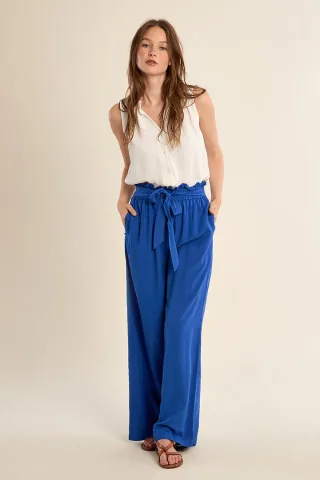molly bracken - Marlenehose mit hohem Bund und Bindegürtel blau - Gr. - M
