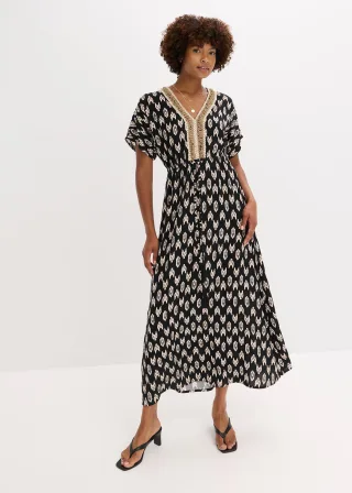 bonprix Maxikleid aus fließender Viskose, schwarz, Gr.44, bedrucktes Maxikleid aus fließender Viskose mit dekorativer Applikation vorne am Ausschnitt, aus Viskose