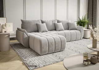 Ecksofa Schlafsofa LOUISE Stoff Monolith Hellgrau Ottomane Links