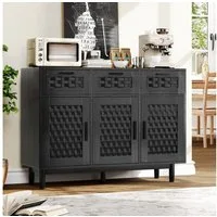 zebery Kommode Sideboard Buffetschrank aus Rattan, Holzbeine (Set, 1 St., Anrichte Küchenschrank mit 3 Schubladen und 3 Türen, Metallgriff), für Schlafzimmer, Wohnzimmer, Flur, 108x40x80cm, Holzfarben