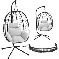 STEELSØN Hängesessel Alarian höhenverstellbar und faltbar (hellgrau/schwarz, mit Gestell und Sitzkissen, bis 150 kg belastbar), mit großem Korbsitz für indoor & outdoor, aus Polyrattan