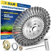 S&R Reinigungsbürsten-Set Stahlbürste, Unkrautbürste 200 mm x 25,4 mm, 5-tlg Set mit Zubehör, (5-tlg., 5-teiliges Set), gezopft, Kegelbürste für Rasentrimmer, Motorsense, Freischneider