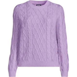 Aran-Rundhalspullover DRIFTER, Damen,  Lila, Baumwolle, by Lands' End