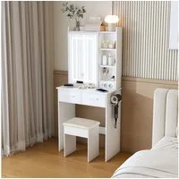 STILVORA Schminktisch mit Spiegel und Hocker Kosmetiktisch mit verstecktem Stauraum Weiß (Eck-Schminktisch mit Schminktisch, Nachttisch und Stuhl, mit transparenten Glasplatte), Einfache Montage