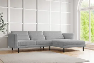 Ecksofa Designersofa AGADA in Stoff Poso Hellgrau Ottomane Rechts