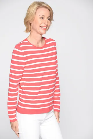 CLARINA - Rdh.-Pullover, 1/1 Arm, Ringel 451 geranie-offwhite - Gr. - 42