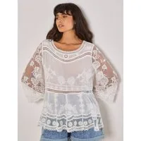 Apricot Blusentop Besticktes Mesh-Oberteil in oversized Passform