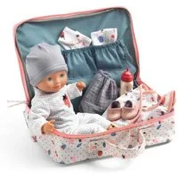 DJECO Babypuppe Pomea Puppe mit Koffer und umfangreichem Zubehör 32 cm Schlafaugen