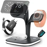 GreenHec Ladestation 3in1 MagSafe Ladegerät Kabellos Induktiv Charger Stand Wireless Charger (3 mA, Spar-Set, 3in1 PowerBase + USB-C Kabel + 20w Dual Charger, iPhone 17 16 15 14 13 12 Pro Max Air, Airpods, Apple Watch Wireless)