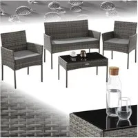 tectake Sitzgruppe Rattan Gartenset für 4 Personen, Sofa 250 kg, je Sessel 120 kg, (Loungeset Palese, 4-tlg., für Außen in Grau), abnehmbare Polyesterbezüge, wetterfest, mit Sicherheitsglasplatte