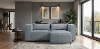 Ecksofa Designersofa NEVIO XS in Stoff Lincoln Graublau Ottomane Rechts