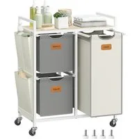 VASAGLE Wäschekorb, Wäschesammler, Wäschesortierer, Rollen, Wäschewagen mit Ablage, 150 L
