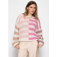 SASSYCLASSY Strickpullover Feinstrickpullover mit Streifenmuster Damen Mehrfarbiger Pullover mit langen Ärmeln im lockeren Schnitt Rosa