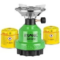 Mianova Camping-Gasgrill 1 flammig Gaskocher + 2 Kartuschen Grün Campingkocher Gas Kocher, BBQ Barbecue Tischgrill Notfall Campingherd Stromausfall Notfallkocher Notkocher, Metall Kohleanzünder Outdoor Grill Camping Herd