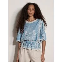 Apricot Blusenshirt Blusenbluse mit Blumenstickerei Stickerei