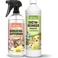 bio-chem Geruchsentferner Enzymreiniger 1 L Geruchsentferner gegen Urin, Katzen & Hundeurin (Sparpaket, Geruchsentferner Katze 0.75 l + Enzymreiniger Konzentrat 1 L), Probiotisch & tiefenwirksam gegen Tiergeruch