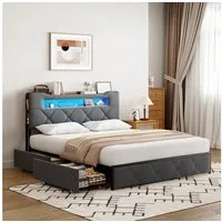 Simurq Polsterbett Polsterbett 140x200 Doppelbett mit LED und 4 Schubladen (Lattenrost,Doppelbettgestell,ohne Matratze), Funktionsbett Stauraumbetten bett 140x200 Samt