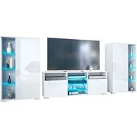 Vladon Wohnwand Davos, (Anbauwand, bestehend aus 2 Vitrinen, 1 TV-Board und LED-Beleuchtung), Weiß matt/Weiß Hochglanz (329 x 134 x 35 cm)