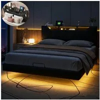 PXloue Polsterbett Doppelbett mit LED Licht 140x200cm,Hydraulisch anhebbarer Stauraumbett, Modernes Jugendbett, Leises Design Bett, Max. Belastbarkeit 350 kg