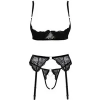 Cottelli Collection Set: Bügel-BH Dessous-Set: BH, Ouvert-String und Strumpfgürtel - schwarz (3-tlg) offener Schritt und Cups