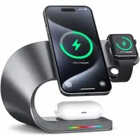 Luckice 4-in-1 Induktive Ladegerät,Wireless Charger Ladestation mit bis zu 15W Ladestation (N52-Magnet, USB-A-Ausgang und LED-Anzeige, für iPhone 12–17, Apple Watch Series und AirPods MagSafe Ladestation, kompatibel Schnellladestation mit Ladestatusa