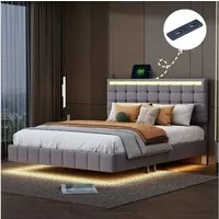 Simurq Polsterbett Dopplebett Bettgestell mit LED-Beleuchtung (1-tlg., LED mit 16 Farben und Fernbedienung,Versteckte Füße), Schwebendes Bett mit Verstellbares Kopfteil,Lattenrost, Leinenoptik
