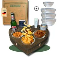 PEGSEN Servier-Set Couchbar mit Handyhalterung Snackbar Herz mit 4 Snackschalen Tablett, Birkenholz, Stabil & Praktisch, lebensmittelechte Glasschalen, Handyhalterung