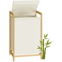 SONGMICS Wäschekorb Wäschesammler mit Bambusrahmen, verstärkter und abnehmbarer Deckel, 2 Fächer, Wäschesack abnehmbar, Wäschesortierer 100 L, 45 x 40 x 78 cm