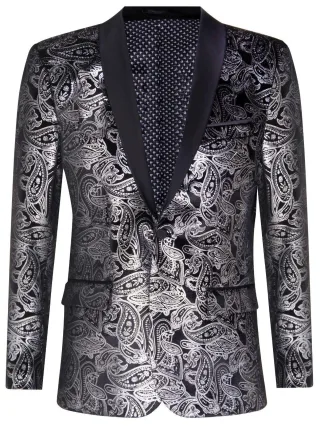 Klassischer Smoking-Blazer aus schwarzem Samt mit silbernem Paisley-Muster für Herren