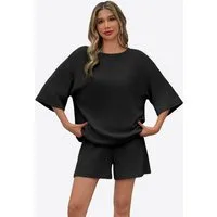 Imily Bela Hausanzug Damen 2-teiliger Freizeitanzug (Set, 2 tlg., 3/4-Arm Bluse + Shorts) in Unifarbe
