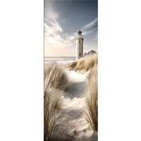 artissimo Glasbild Bild aus Glas 30x80 cm / Wandbild Hochformat / Wanddeko modern, Strand und Meer: Leuchtturm in Dünen in Beige