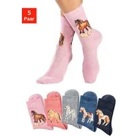 H.I.S Socken bunte Baumwollsocken für Kinder, Kindergarten & Schule (Packung, 5-Paar, Gr. 19-22 bis 39-42) Mit unterschiedlichen Pferdemotiven