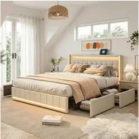 PXloue Polsterbett LED-Bett mit Stauraum und Ladeanschluss (Geeignet für Jugendliche und Erwachsene), Fernbedienung für LED-Farben und sicheres Leinenmaterial 160x200 cm