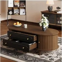 Merax Couchtisch Sofatisch Retro Beistelltisch in Walnussholzoptik (1-St), Wohnzimmertisch mit Rolltüren, 2 Schubladen & Stauraum, 100x50x36cm