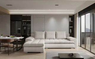 Ecksofa Sofa HECKTOR mit Schlaffunktion Stoff Abriamo Champagne Ottomane Links