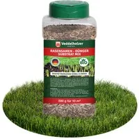 Veddelholzer Rasendünger 3 in 1 Rasensamen NPK Dünger Substrat Mix 500 g Rasen Reparatur Mix, schnellkeimend, für einen dichten strapazierfähigen grünen Rasen, zur Nachsaat