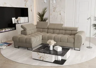 Ecksofa Schlafsofa BASTIEN in Stoff Terra Beige Ottomane Links
