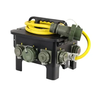 Mennekes Vollgummiverteiler 32A mit FI/LS 1x32A, 2x16A, 6xSchuko - IP67 bronzegrün, 6150T00134, 360 x 340 x 330 mm , THW Sachnummer:6150T00134, Abmessungen:360 x 340 x 330mm
